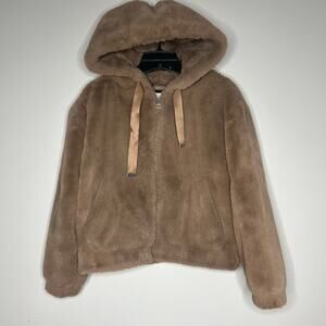Rachel Zoe Brown Faux Fur Full Zip Hooded Bomber Jacket Sz S Teddy Mob Wife Soft